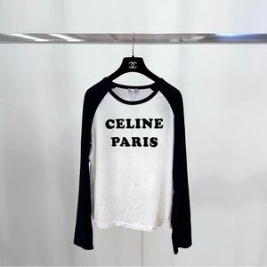 Authentic Celine Black and White Raglan Logo Long Sleeve Tee